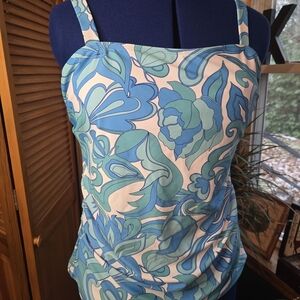 Vibrant Blue and Green Floral Tankini Top And Swim Skirt Bottom